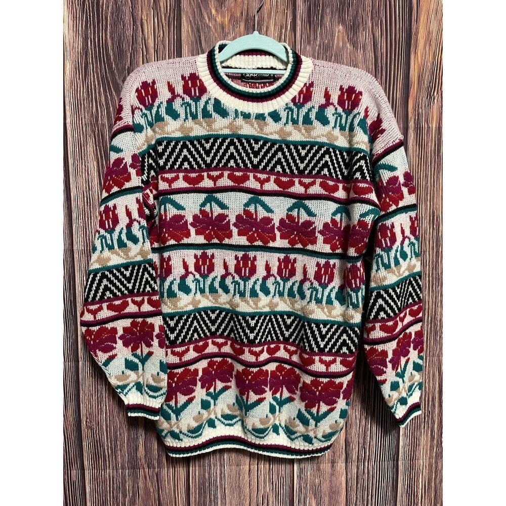 Vtg 90s JJ Browne Womens L? Fair Isle Flower Knit Sweater